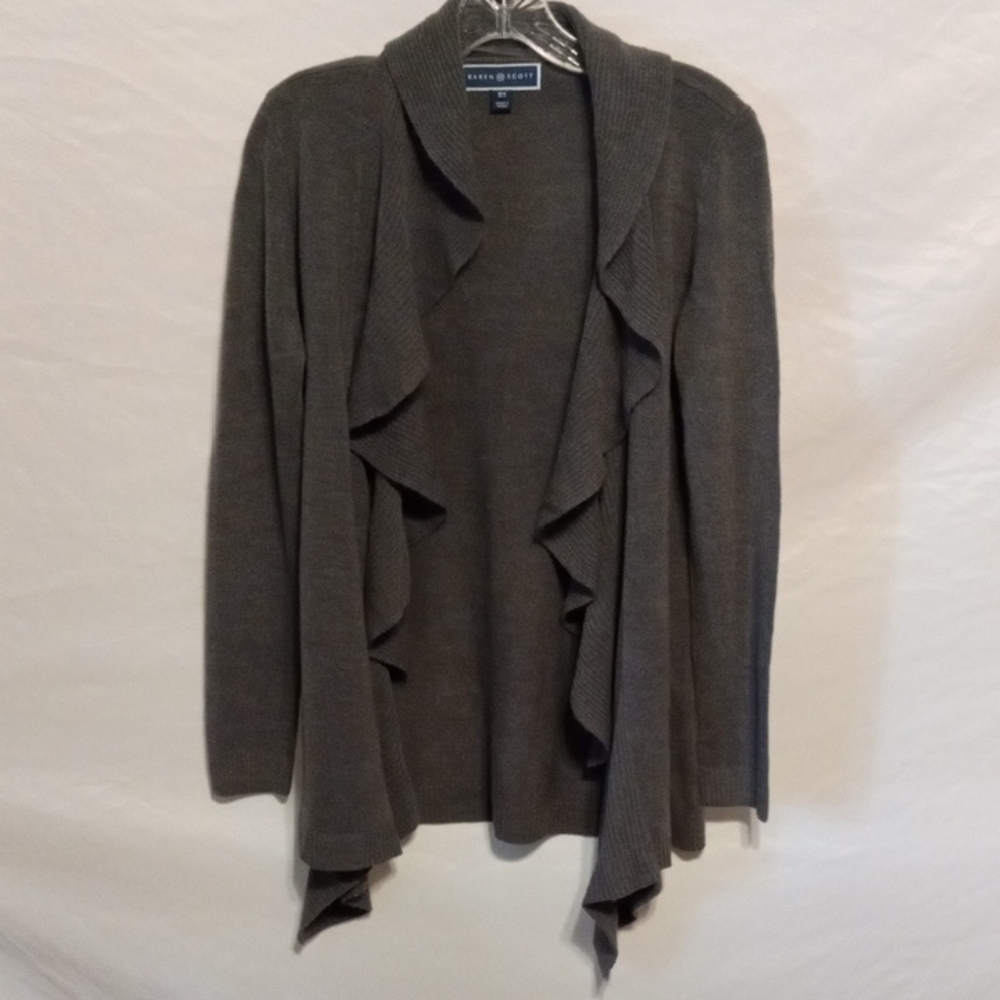 Karen Scott Charcoal Ruffled Cardigan